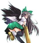  brown_hair green_hair_bow long_hair looking_at_viewer looking_over_shoulder reiuji_utsuho tagme touhou up_skirt zettai_ryouiki 