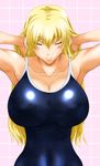  armpits black_school_swimsuit blonde_hair breasts highres huge_breasts kamia_(not_found) long_hair matsuoka_kiyone one-piece_swimsuit original school_swimsuit shiny shiny_clothes solo swimsuit 