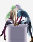  1girl artist_request blush boots c.c. capelet closed_eyes code_geass couple earrings gloves green_hair happy hetero jacket jewelry kiss leg_warmers long_hair long_sleeves mao_(code_geass) pantyhose pleated_skirt short_hair silver_hair sitting skirt smile 