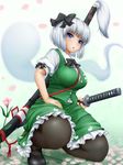  black_hairband black_legwear blue_eyes blush bob_cut breasts curvy flower hairband highres hitodama katana konpaku_youmu konpaku_youmu_(ghost) large_breasts mary_janes miyakouji one_knee pantyhose petals scabbard sheath sheathed shoes short_hair silver_hair solo sword tassel thighs touhou vest weapon white_hair 