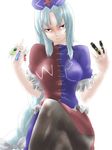  bad_id bad_pixiv_id black_legwear blue_eyes breasts crossed_legs grin hat large_breasts long_hair nurse nurse_cap pantyhose radiation_symbol silver_hair simple_background sitting smile solo somsom syringe touhou yagokoro_eirin 