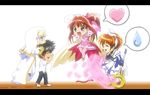  3girls blood crossover feathers heart index jewelpet_(series) jewelpet_twinkle kamijou_touma labra_(jewelpet) lyrical_nanoha magic_circle magical_girl mahou_shoujo_lyrical_nanoha multiple_girls raising_heart ruby_(jewelpet) sakura_akari spoken_heart spoken_sweatdrop sweatdrop takamachi_nanoha to_aru_majutsu_no_index twintails 