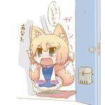  1girl animal_ears blonde_hair blue_dress blue_eyes blush chibi dekasudachin door dress fang fox_ears fox_tail hand_on_own_head long_sleeves multicolored multicolored_clothes multicolored_dress multiple_tails open_mouth petting solo tail tears touhou translated white_dress yakumo_ran 