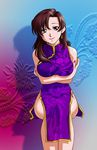  breasts brown_eyes brown_hair chinese_clothes female gradient gradient_background gundam gundam_seed kazemal large_breasts lipstick long_hair makeup murrue_ramius smile solo 