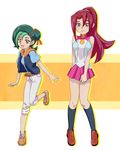  2girls blush breasts cosplay costume_switch female green_hair large_breasts long_hair mizuki_kotori_(cosplay) mizuki_kotori_(yugioh_zexal) mizuki_kotori_(yuu-gi-ou_zexal) multiple_girls red_hair school_uniform shoes short_hair skirt skirt_tug smile socks tsukumo_akari tsukumo_akari_(cosplay) yu-gi-oh! yugioh_zexal yuu-gi-ou_zexal 