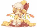  :3 animal bad_id bad_pixiv_id bird blonde_hair chibi chick flandre_scarlet hat masirosu red_eyes side_ponytail simple_background sitting sitting_on_head sitting_on_person solo touhou upside-down wings 