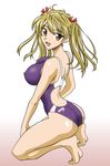  absurdres ass blonde_hair breasts erect_nipples female full_body gradient gradient_background highres legs open_mouth orange_eyes photoshop sawachika_eri school_rumble short_hair smile solo squat squatting swimsuit thighs twintails white_background 