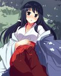  black_hair blush breasts grass green_eyes hair_ribbon hakama hand_on_own_stomach hyakuen_raitaa japanese_clothes long_hair looking_at_viewer lying medium_breasts miko on_back open_mouth original outdoors red_hakama ribbon shade solo white_ribbon 