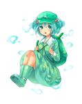  :o aqua_eyes aqua_hair backpack bag boots cucumber dress full_body green_footwear hair_bobbles hair_ornament hat kawashiro_nitori mamii pocket short_hair short_twintails sitting solo touhou twintails two_side_up wrench 