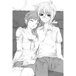  1girl artist_request breasts cleavage collarbone glasses greyscale large_breasts lyrical_nanoha mahou_shoujo_lyrical_nanoha_strikers monochrome pants short_hair side_ponytail sitting sleeping sleeping_upright takamachi_nanoha yuuno_scrya 