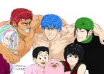  5boys arm_around_neck bird black_hair blue_hair blush coco_(toriko) dated green_hair grin komatsu_(toriko) looking_at_viewer multicolored_hair multiple_boys muscle nothiko open_mouth penguin pink_hair red_hair rin_(toriko) shirtless short_hair signature simple_background smile sunny_(toriko) toriko toriko_(series) turban zebra_(toriko) 