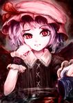  alternate_costume bad_id bad_pixiv_id black_dress blue_hair cup dress face glass_table hand_on_own_face hat helrouis red_eyes remilia_scarlet short_hair solo spilling table touhou 