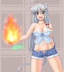  animal_ears bad_id bad_pixiv_id blush bow braid breasts bustier cat_ears cat_tail cleavage dog_days fire hair_bow large_breasts leonmitchelli_galette_des_rois lingerie long_hair open_mouth petag2 shorts silver_hair solo tail underwear yellow_eyes 