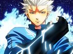  armor beowulf blue_eyes devil_may_cry fingerless_gloves gauntlets gloves glowing male_focus md5_mismatch nagare solo vergil weapon white_hair 