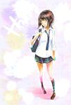  bag black_eyes blush brown_hair kneehighs necktie original sakebuotoko school_uniform short_hair skirt solo 