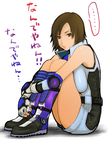  1girl boots breasts brown_eyes brown_hair elbow_pads fingerless_gloves gloves hawk_(cwmg) jumpsuit kazama_asuka knee_boots knees_to_chest large_breasts pout short_hair sitting solo tekken translated 