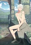  1boy barefoot blanket blue_eyes blue_sky cloud clouds fish forest head_tilt highres hill male male_focus nature nayu nude outdoors plant road ruins scenery sitting sky solo tattoo water white_hair zenra 