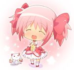  :3 bow chibi choker closed_eyes frills gloves hahifuhe hair_ribbon kaname_madoka kyubey magical_girl mahou_shoujo_madoka_magica open_mouth pink_hair red_eyes ribbon short_twintails smile star tears twintails 