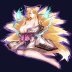  animal_ears bare_shoulders barefoot blonde_hair breasts cleavage facial_mark forehead_mark fox_ears fox_tail green_eyes huge_breasts japanese_clothes long_hair multiple_tails omachi qblade rance_(series) sengoku_rance signature solo tail 