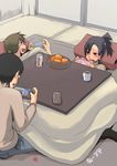  2boys black_hair blush brown_hair cup denim food fruit glasses green_tea handheld_game_console holding_handheld_game_console implied_sex jeans kotatsu long_hair lying mandarin_orange monster_hunter mug multiple_boys open_mouth pants playing_games playstation_portable ryou sexually_suggestive signature stealth_sex table tatami tea translated under_kotatsu under_table 