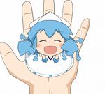  blue_hair ikamusume in_palm long_hair mini-ikamusume minigirl out_of_frame pov pov_hands shinryaku!_ikamusume smile solo_focus wreath_(a1b2c3d45) 