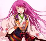  blush closed_eyes hair_ornament happy harukanaru_toki_no_naka_de harukanaru_toki_no_naka_de_3 highres japanese_clothes jewelry kasuga_nozomi kawakami_tomoko kimono long_hair naka_53 obi open_mouth pendant pink_hair sash smile solo white_background 