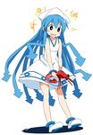  blue_eyes blue_hair bracelet dress drooling hat ikamusume ixy jewelry long_hair shinryaku!_ikamusume shrimp solo tentacle_hair 