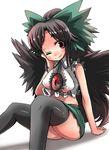  adapted_costume arm_support black_legwear brown_hair gaoo_(frpjx283) midriff one_eye_closed ponytail reiuji_utsuho sitting skirt smile solo thighhighs touhou wings 