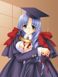  blue_hair bra breasts carnelian cleavage eyeglasses graduation_hat graduation_robe green_eyes large_breasts long_hair open_blouse 