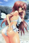  absurdres adjusting_clothes adjusting_swimsuit amami_mikage ass beach bikini breasts brown_hair covered_nipples day front-tie_top highres huge_filesize large_breasts long_hair looking_back minazuki_haruka purple_eyes rock sakura_tale side-tie_bikini solo swimsuit wet 