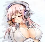  1girl breasts censored cleavage closed_eyes disembodied_penis headphones hetero kouki_kuu large_breasts long_hair lying nitroplus penis pink_hair pointless_censoring sleep_molestation sleeping solo_focus super_sonico 