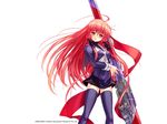  ahoge artist_request cross gunner's_broom himuro_akari huge_weapon latin_cross long_hair miniskirt night_wizard red_eyes red_hair ribbon skirt solo thighhighs wallpaper weapon zettai_ryouiki 