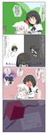  4koma :3 angel angel_and_devil black_hair blush closed_eyes comic demon_girl detached_sleeves drawing halo hat heart highres himekaidou_hatate inubashiri_momiji multiple_girls petting red_eyes rokugatsu_t shameimaru_aya shoulder_angel shoulder_devil tokin_hat touhou translated twintails white_hair yuri 