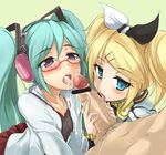  aqua_eyes aqua_hair bar_censor blonde_hair blush censored cum cum_in_mouth cum_on_body fellatio glasses hair_ribbon hatsune_miku headphones hetero kagamine_rin kagamine_rin_(roshin_yuukai/hard_rkmix) kocchi_muite_baby_(vocaloid) licking long_hair male_pubic_hair momio multiple_fellatio multiple_girls natural_(module) open_mouth oral penis petite project_diva_(series) project_diva_2nd pubic_hair purple_eyes ribbon roshin_yuukai_(vocaloid) skirt tongue twintails vocaloid 