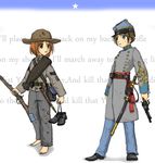  1girl american_civil_war background_text bag barefoot belt brown_hair confederate_states_of_america ernest gun handgun hat military military_uniform original patches revolver sash sheath short_hair shoulder_belt soldier sword uniform war weapon 