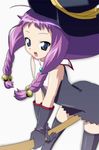  ahoge ayase_yue blue_eyes braid broom catbell gloves hat long_hair mahou_sensei_negima! open_mouth purple_hair solo thighhighs twin_braids witch yn zettai_ryouiki 