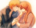  bleach hand_holding holding_hands inoue_orihime kurosaki_ichigo muraosa_(conjecture) smile wiping_tears 