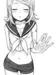  against_glass bad_id bad_pixiv_id bare_arms bare_shoulders blush closed_eyes face formalin greyscale groin hair_ornament hairclip hands incoming_kiss kagamine_rin monochrome navel no_armwear sailor_collar short_hair shorts sleeveless solo treble_clef vocaloid 