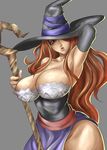  armpits bare_shoulders breasts brown_eyes brown_hair cleavage curvy detached_sleeves dragon's_crown dress hat hat_over_one_eye highres large_breasts shibusun side_slit solo sorceress_(dragon's_crown) staff strapless strapless_dress witch_hat 