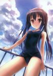  :o absurdres arm_support black_hair blush cloud day flat_chest from_below goto_p highres k-on! long_hair looking_down nakano_azusa one-piece_swimsuit open_mouth red_eyes scan school_swimsuit sky solo swimsuit twintails 