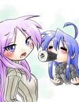  =_= ahoge blue_eyes blue_hair blush food hiiragi_kagami izumi_konata kogaku_kazuya long_hair lucky_star makizushi mole mole_under_eye multiple_girls purple_hair sushi tsundere yuri 