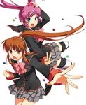  2girls blue_eyes bow brown_hair hair_ribbon hairclip little_busters! natsume_rin open_mouth ponytail purple_hair red_eyes ribbon saigusa_haruka school_uniform side_ponytail skirt striped_thighhighs thighhighs 