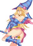  1girl \m/ ass bad_id bare_shoulders blonde_hair blue_eyes blush blush_stickers boots breasts cleavage daive dark_magician_girl duel_monster fang hat highres long_hair nipples no_panties nude one_eye_closed pentagram scepter simple_background smile solo staff wand weapon wink wizard_hat yu-gi-oh! yuu-gi-ou_duel_monsters 