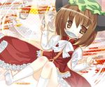  brown_eyes brown_hair chen dress eating fish fork hat knife mouth_hold omiso_(omiso) short_hair socks solo touhou 