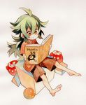  ahoge barefoot book darumaka feet gen_5_pokemon green_hair long_hair n_(pokemon) pokemon pokemon_(creature) pokemon_(game) pokemon_bw reading shigetake_(buroira) tympole younger 
