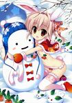  absurdres animal_ears bunny_ears copyright_request flat_chest fujima_takuya gloves hat highres lowleg lowleg_panties no_bra panties scan scarf snow snow_bunny snowman solo thighhighs underwear 