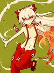  bad_id bad_pixiv_id blush bow breasts fire fujiwara_no_mokou hair_bow hair_ornament jpeg_artifacts long_hair medium_breasts naked_suspenders pants red_eyes revealing_clothes shoes simple_background solo suspenders tera topless touhou white_hair 