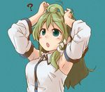  ? abekawa ahoge armpits arms_up blue_eyes blush breasts detached_sleeves frog green_hair kochiya_sanae long_hair medium_breasts open_mouth snake solo touhou upper_body 