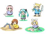  4girls blush_stickers burying butterfly_net child child_drawing crayon frog hand_net hatsune_miku jitome kagamine_len kagamine_rin kaito kamiyama_izumi kindergarten md5_mismatch megurine_luka meiko multiple_boys multiple_girls music musical_note name_tag sand singing stuffed_animal stuffed_bunny stuffed_toy vocaloid younger 