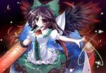  arm_cannon black_hair black_wings bow breasts cape frills futase_hijiri green_bow hair_bow impossible_clothes long_hair medium_breasts red_eyes reiuji_utsuho skirt smile solo third_eye touhou weapon wings 